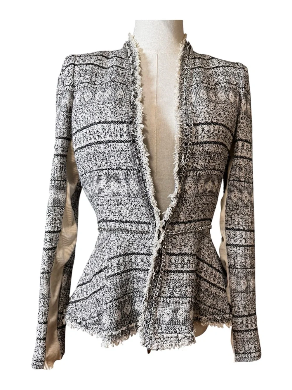 Rebecca Taylor Black White Tweed Chain Trim Raw Fringe Peplum Blazer Jacket S